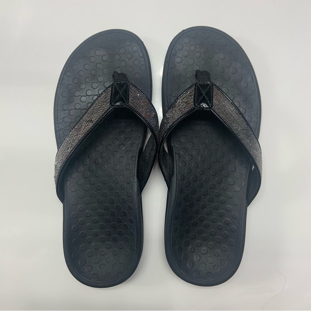 Vionic Flip Flop Sandals High Arch Black Silver Sequins Plantar Fasciitis 8